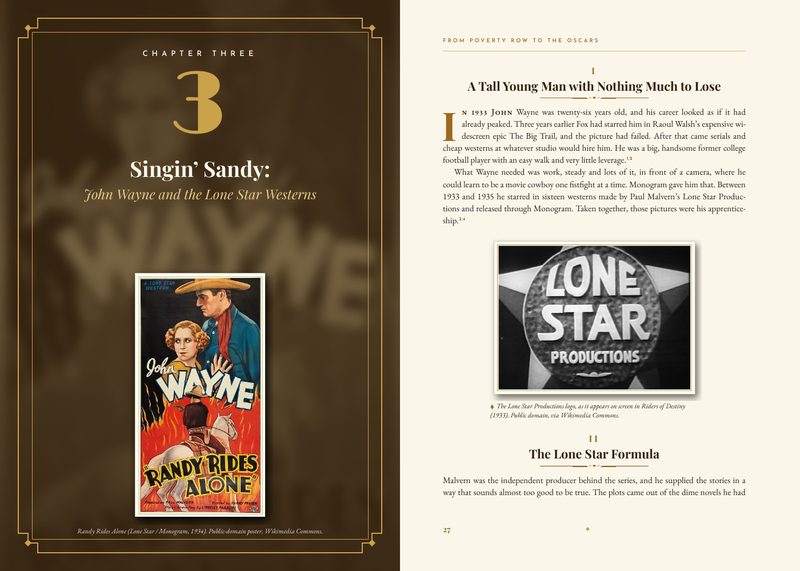 Book spread: the opening of Chapter Three, Singin' Sandy: John Wayne and the Lone Star Westerns, with the Randy Rides Alone poster and the Lone Star Productions logo