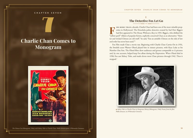 Book spread: the opening of Chapter Seven, Charlie Chan Comes to Monogram, with The Chinese Cat poster and Sidney Toler as Charlie Chan