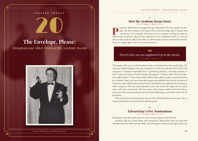 Book spread: the opening of Chapter Twenty, The Envelope, Please: Monogram and Allied Artists at the Academy Awards, with George Stevens holding his Oscar